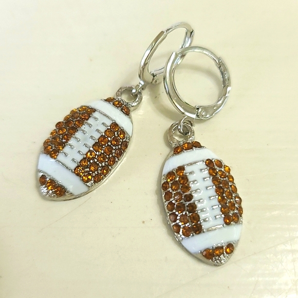 Football NFL sport theme dangle earrings - brown rhinestone white enamel - Picture 1 of 4